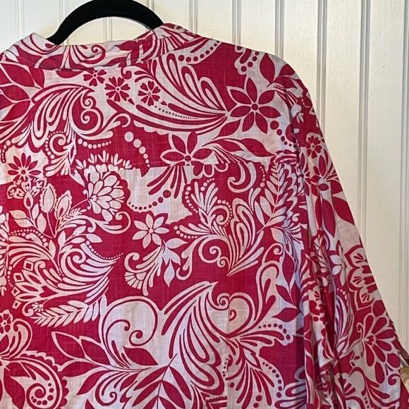 Pappagallo 3/4 Sleeve Button Up Top Women 3X Pink Yellow Tropical Peekaboo Cuffs - Picture 10 of 12